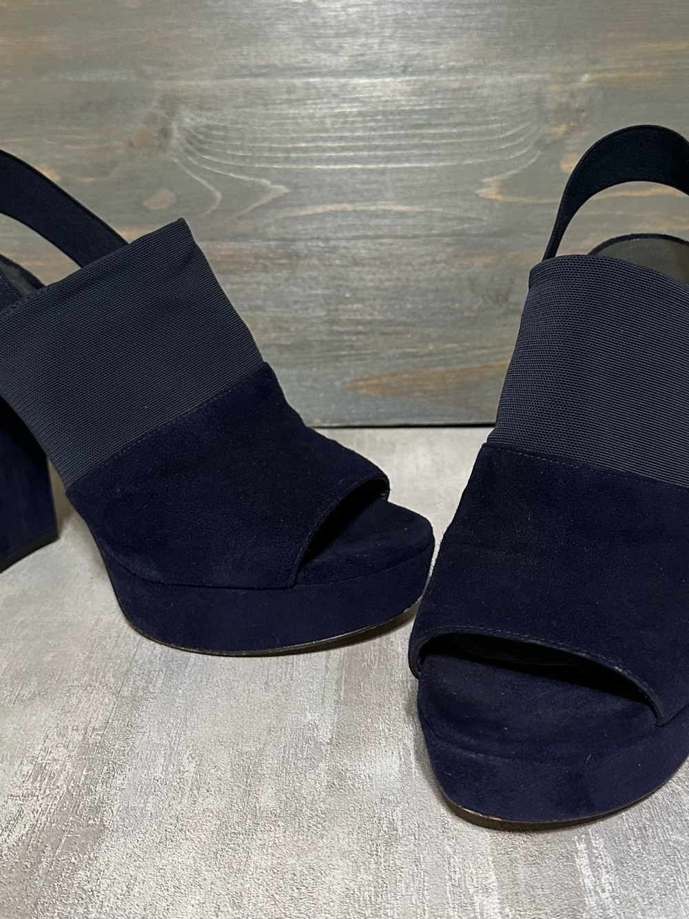 Stuart Weitzman Navy Suede Open-Toe Block Heel Slingback